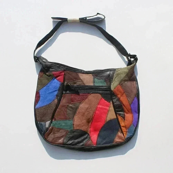 Purse Handbags - Vintage 1980s - 1990s Leather Hobo Style Multicolor Patchwork Purse Bag